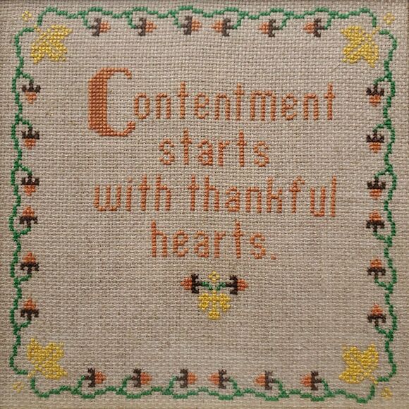 Contentment Starts With Thankful Hearts Completed Cross Stitch 10.5" Framed VTG - Picture 2 of 8